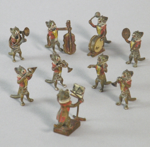 A 19th century Austrian cold painted bronze cat orchestra including the conductor, approximately 2.
