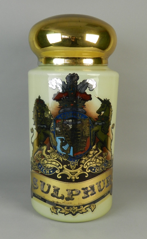 A large Victorian painted glass pharmacy specie jar and cover, the gilt cover above a white