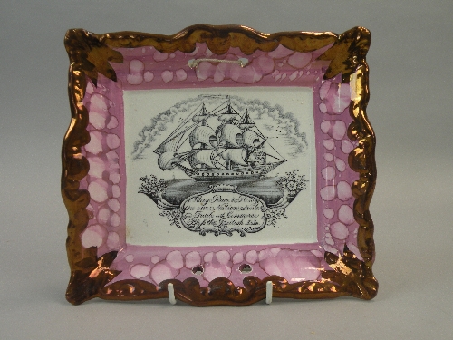 A Dixon & Co Sunderland lustre rectangular plaque, early 19th century, printed in black with a