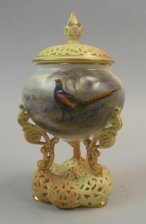 A Royal Worcester pot pourri vase and cover, shape number 474, the bulbous blush ivory body