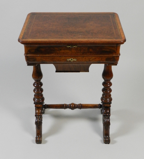 An mid-19th century burr walnut tulipwood banded and chevron strung work table, the rectangular