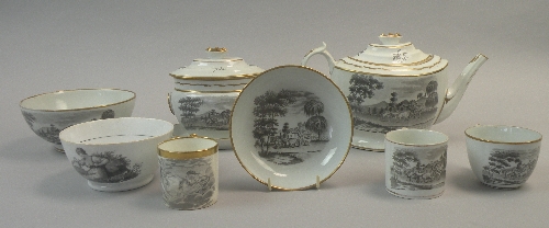 A quantity of Miles Mason bat-printed tea and coffeewares in the Shepherd pattern, circa 1800,