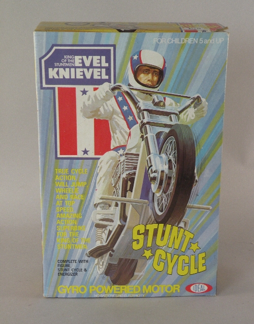 A boxed figure by Ideal Toys of Evel Knievel, a Gyro powered Stunt Cycle circa 1975, with the