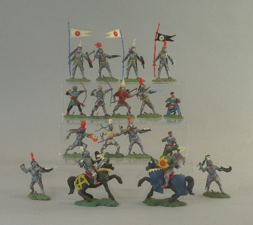 A group of Britains Swoppit series 15th century knights comprising; three knights standing with