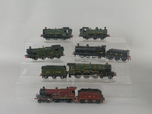 A group of six kit built locomotives, a George V 4-6-0 locomotive in Great Western livery, cab No.