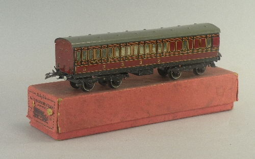 A boxed Hornby No. 2 Passenger Coach (brake and third) catalogue reference C571, the model in  LMS