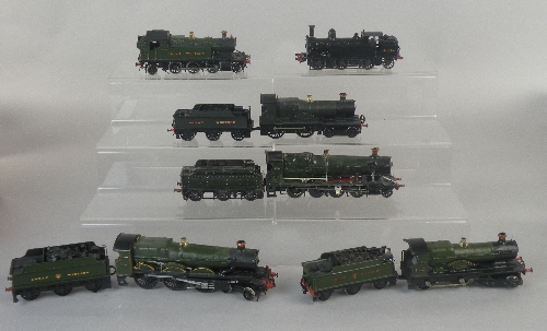 A group of six kit built locomotives in GWR livery, the first a 4-4-0 locomotive cab No.3446 The