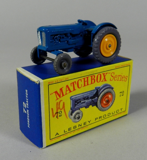 A boxed Matchbox Series No.72 Fordson Tractor, the model with rare yellow plastic rear wheels and