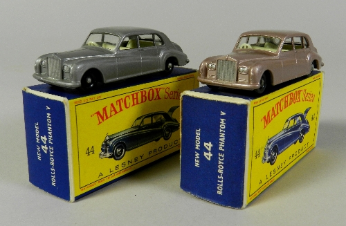 Two boxed Matchbox MB 44 Rolls Royce Phantom Five models, the first an early issue in metallic