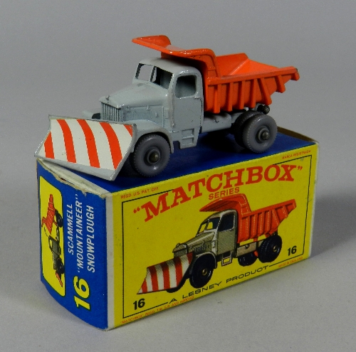 A Matchbox Series No.16 Scammell Mountaineer Snow Plough the model in grey with orange back, but