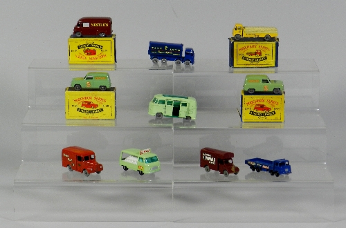 Ten Matchbox miniature models to include four boxed examples,  2 x No.59 Singer Van, a No.51
