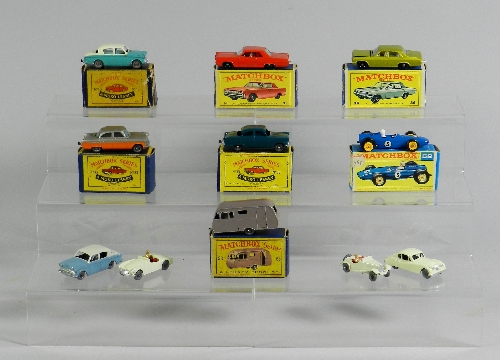 Eleven Matchbox miniature models, boxed items include a No.23 caravan, a No.52 BRM, a No.36 Opal