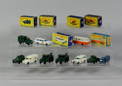 A group of ten boxed and unboxed Matchbox Toys, box models include a No.68 Mercedes Coach, a No.54