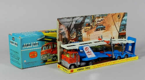 A boxed Corgi Toys No.1138 Car Transporter with Ford Tilt Cab Tractor, the model with red and silver