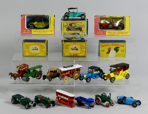 A group of early Matchbox models of Yesteryear vehicles, models include a boxed No Y-6AEC lorry,