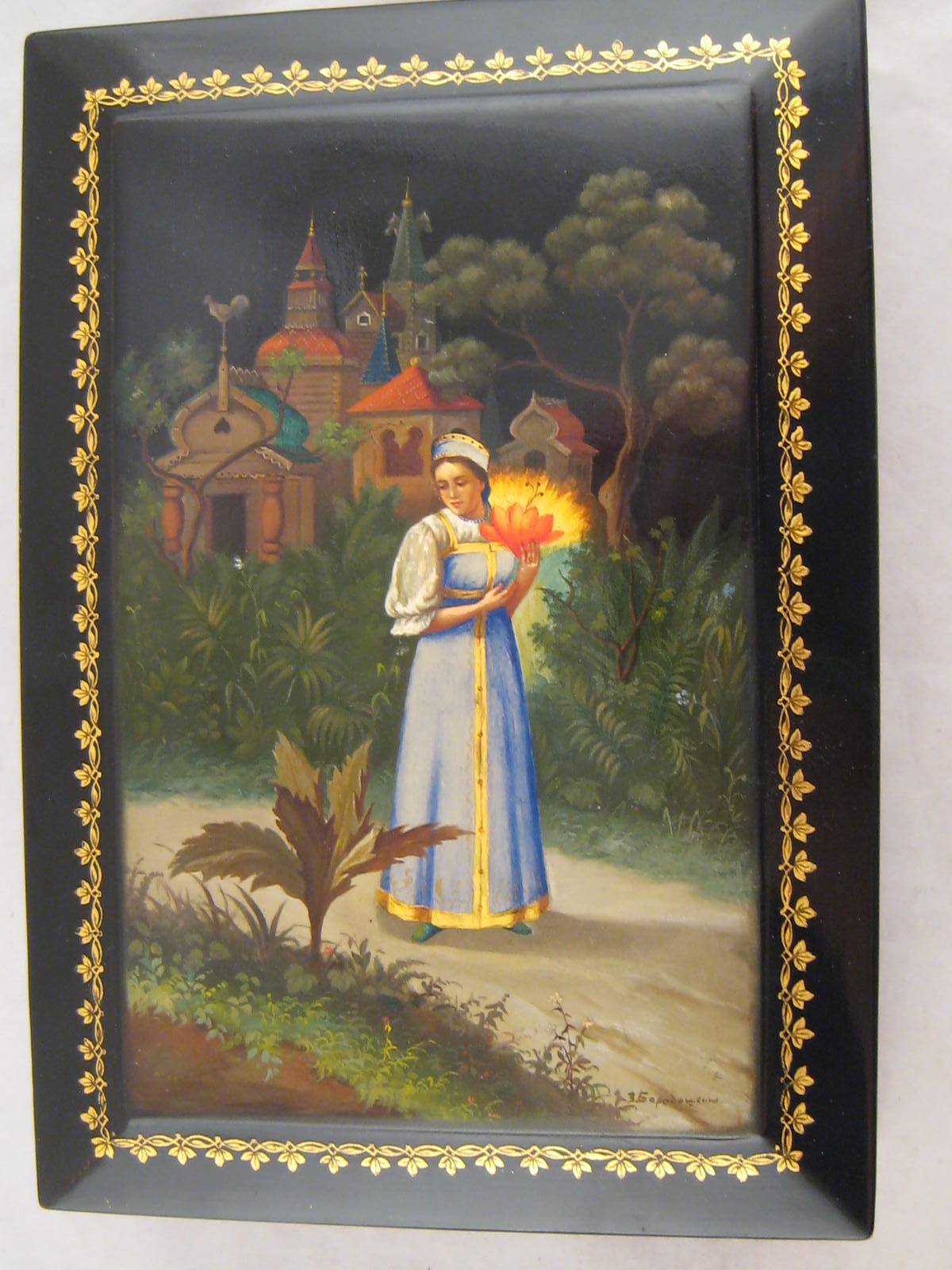 A large Russian lacquer box, signed Fedoskino, 1956, 23 x 16 x 8cm high.