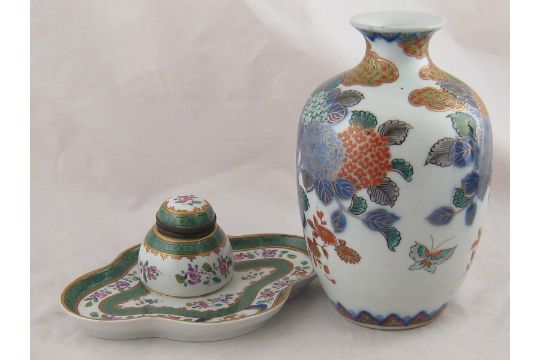 A ceramic lobed inkstand with green enamels and gilt, 19x14cm., together with an oriental vase, ht.