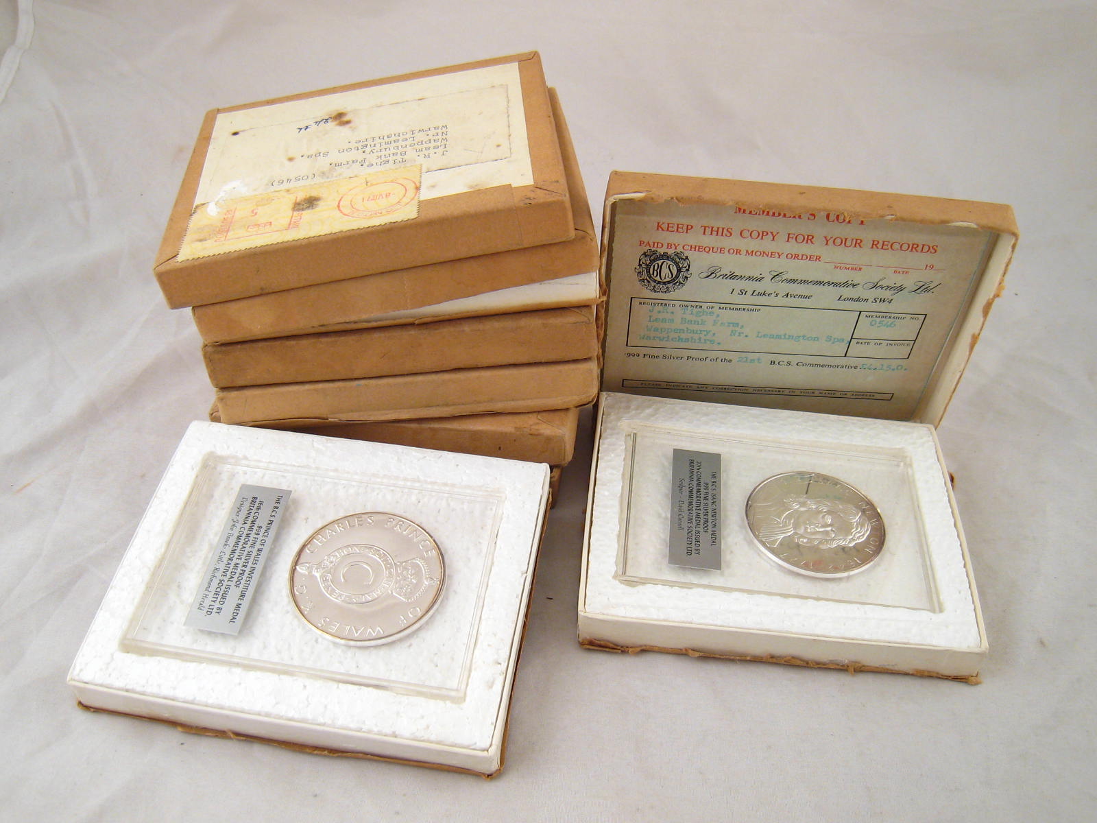 Seven Brittania Commemorative Society 999 fine silver medallions. Each medallion approx 40g.