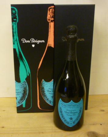 One bottle 2002 Dom Perignon Brut, blue label, boxed, with "Andy Warhol" outer sleeve