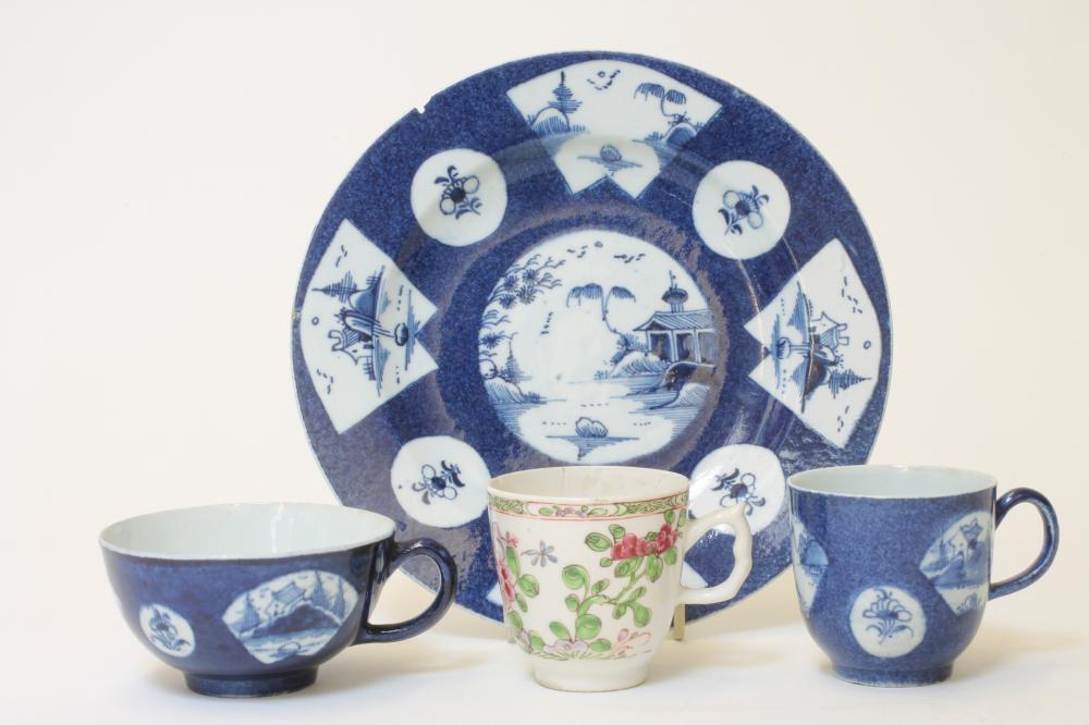 A COLLECTION OF BOW PORCELAIN, c.1755-60, comprising a plate painted in underglaze blue with