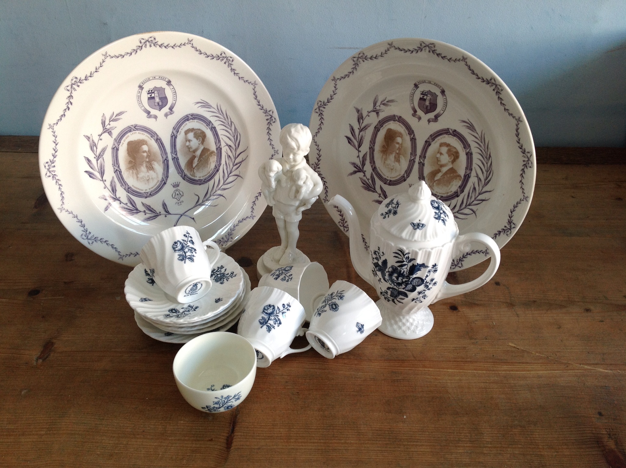 Various Royal Worcester items including plates, figure and coffee service.