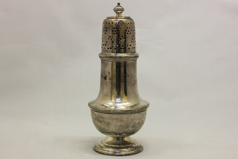 A silver sugar caster, maker Hawksworth Eyre & Co. Limited, London 1925 with baluster shaped body