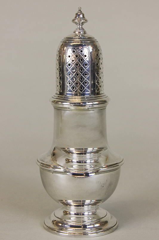 A modern silver sugar caster stamped Garrard & Co., Ltd, London 1961 with baluster body and