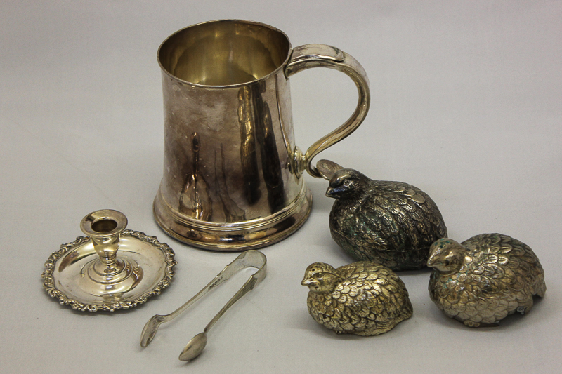 A Georgian plated mug; a drinks tray; a dish with swivel handle and other plated items
