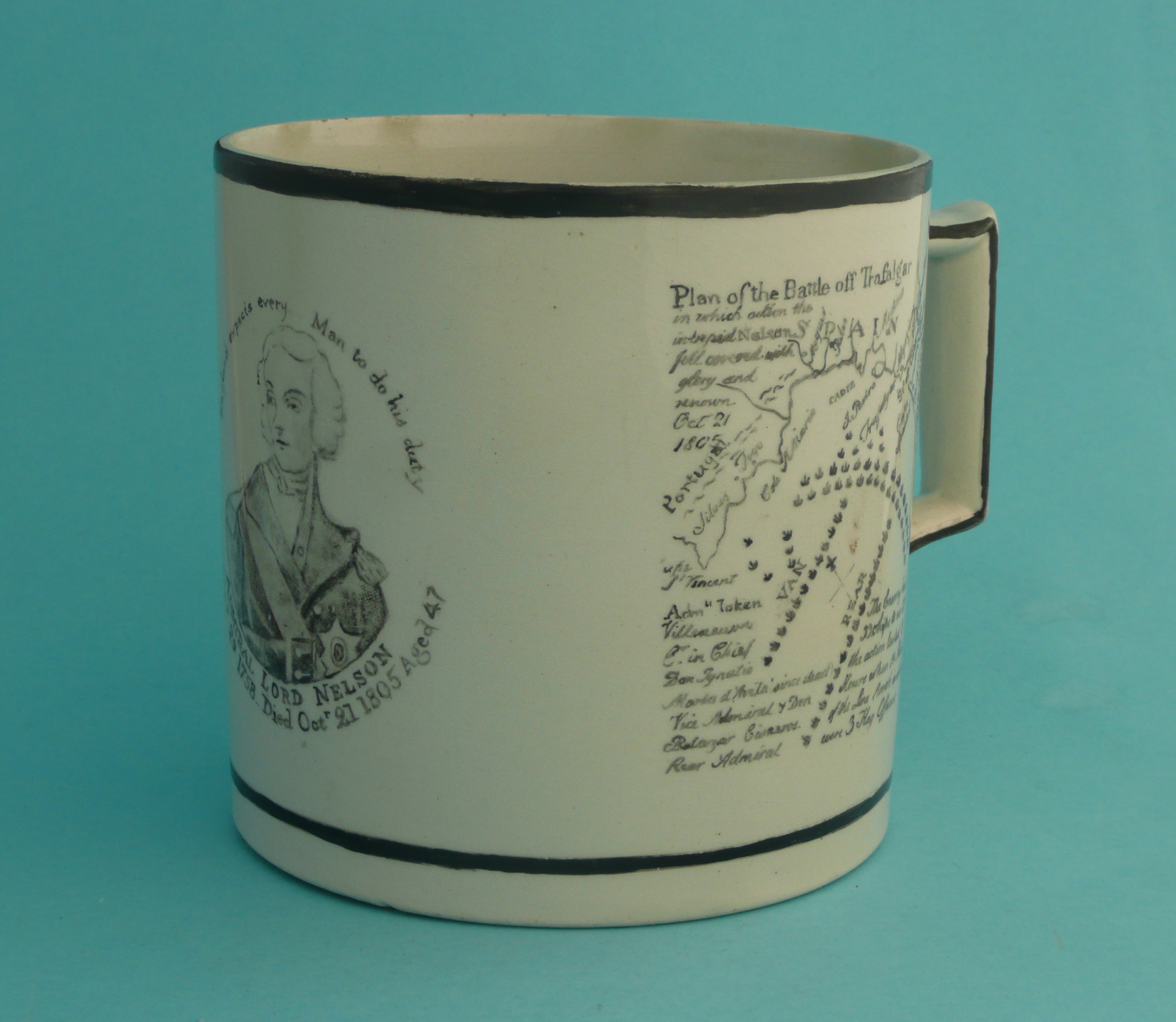 commemorative / commemorate1805 Nelson in Memoriam: a rare pearlware porter mug printed in black