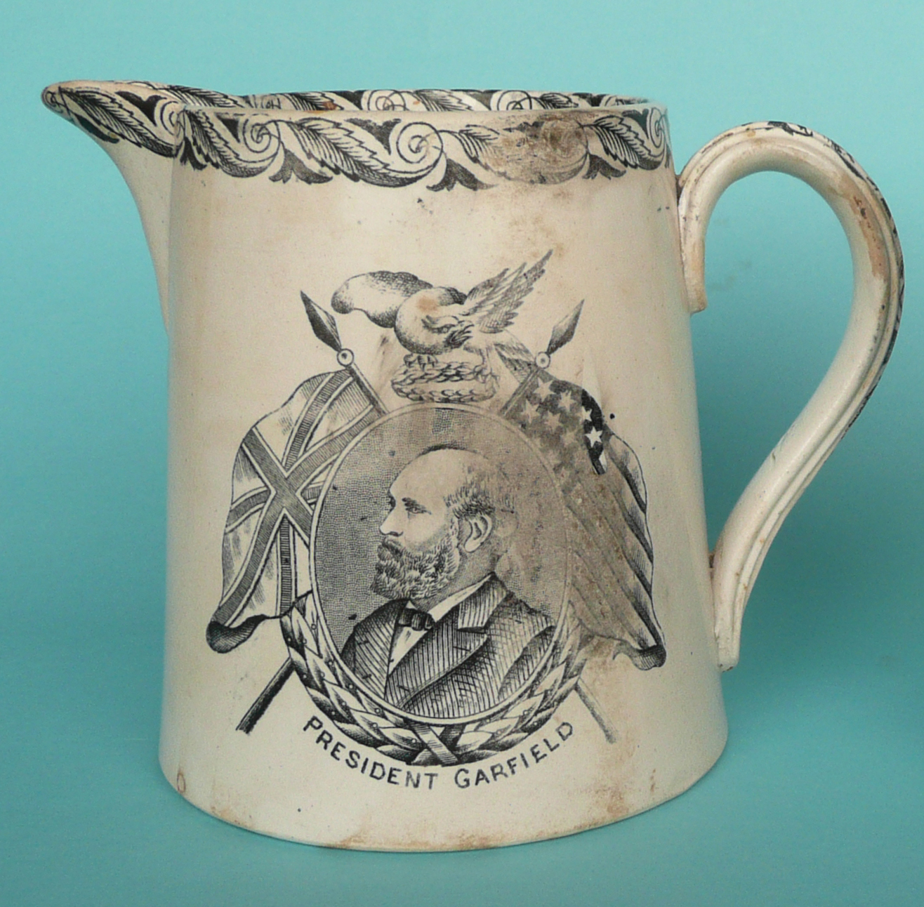 commemorative / commemorate1881 President Garfield in memoriam: a tapering pottery jug printed in