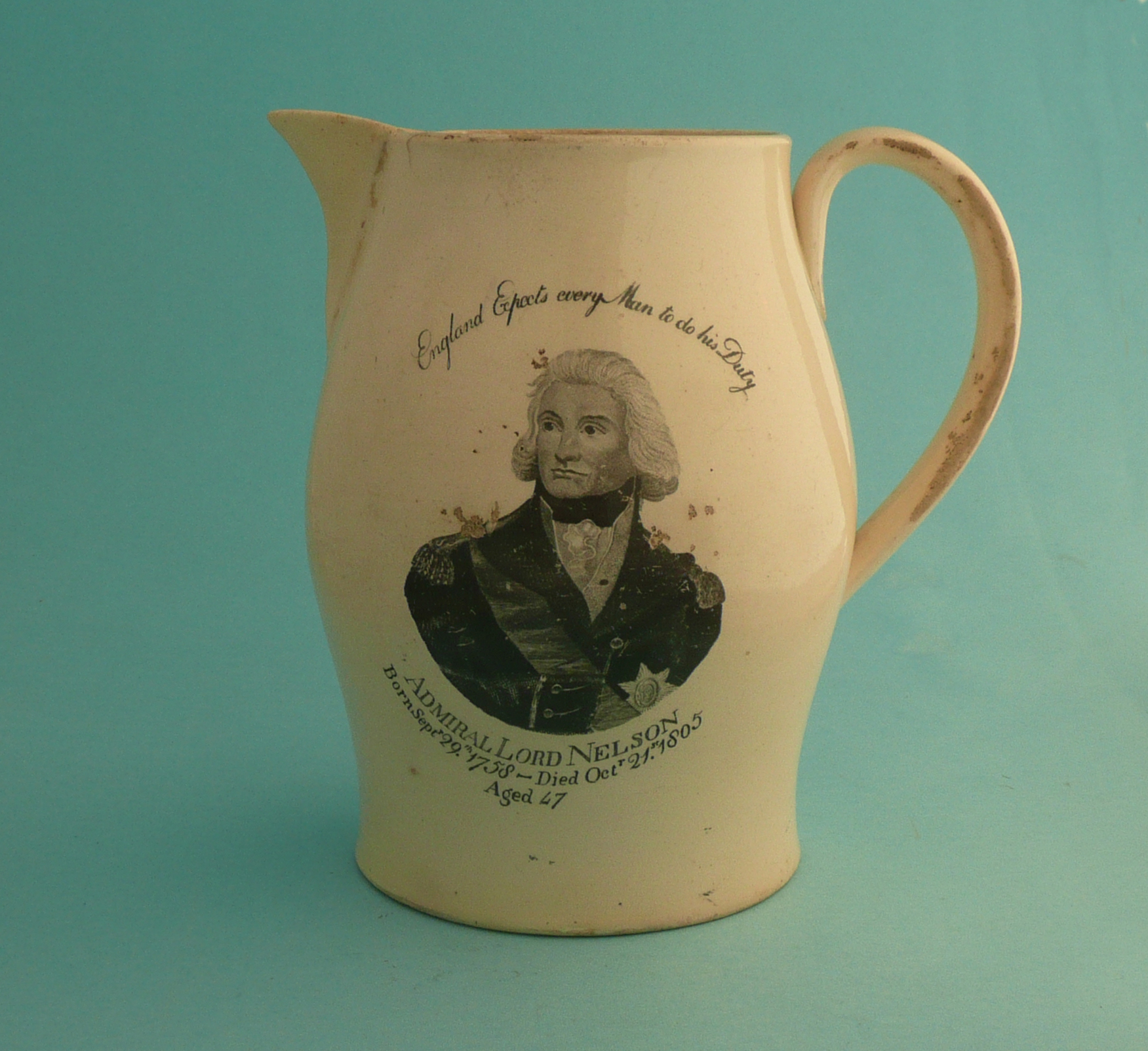 commemorative / commemorate1805 Nelson in Memoriam: a creamware jug the bellied body printed in