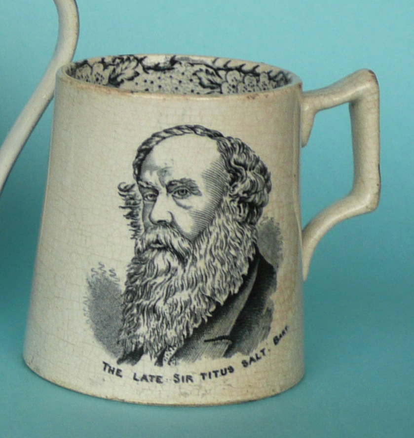 commemorative / commemorate1876 Sir Titus Salt in Memoriam: a tapering pottery mug printed in