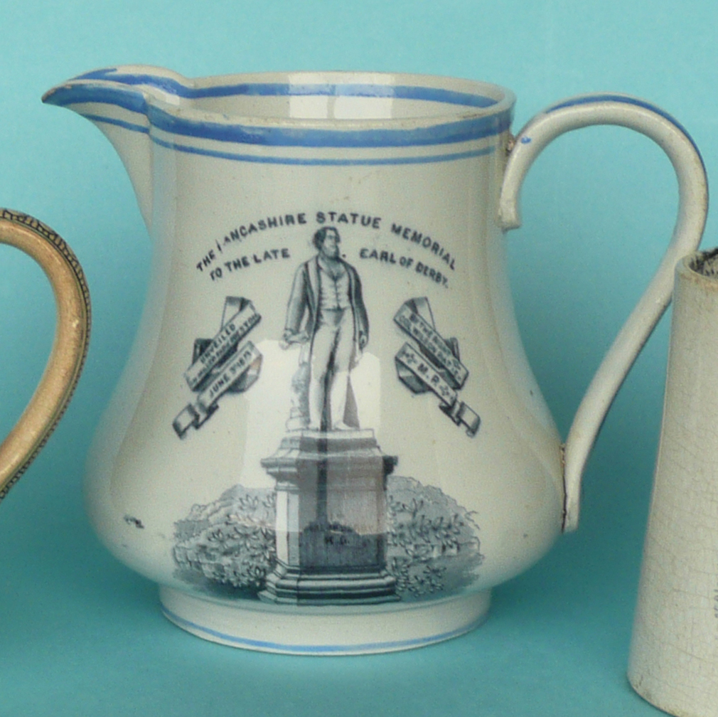 commemorative / commemorate1873 Earl of Derby Statue Unveiling: a pottery jug lined in blue and