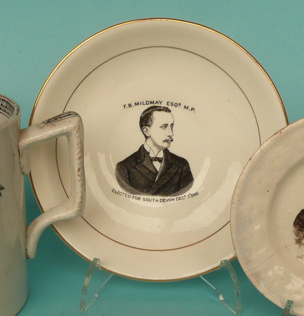 commemorative / commemorate1885 South Devon General Election: a black printed cup, saucer and