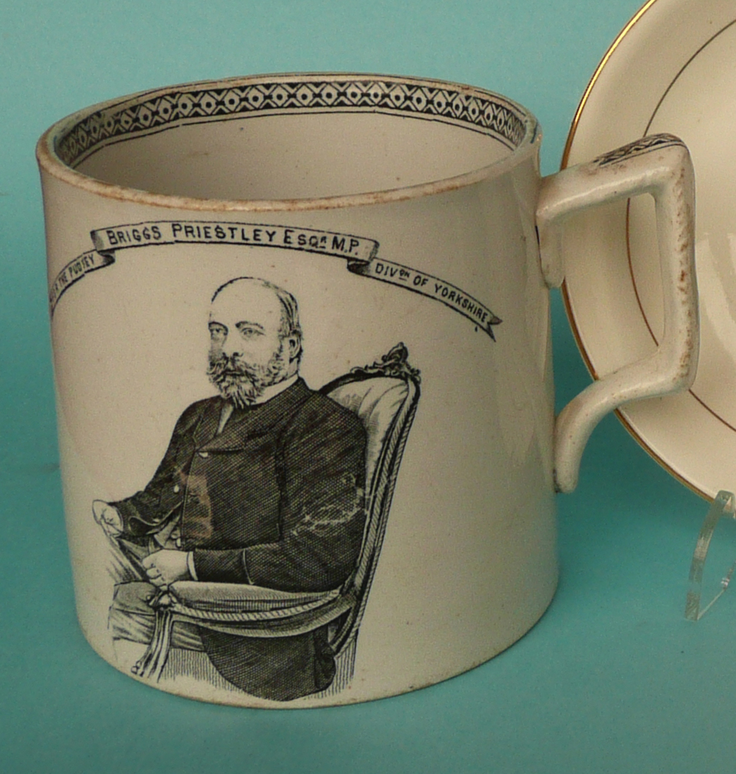 commemorative / commemorate1885 Pudsey General Election: a cylindrical pottery mug printed in