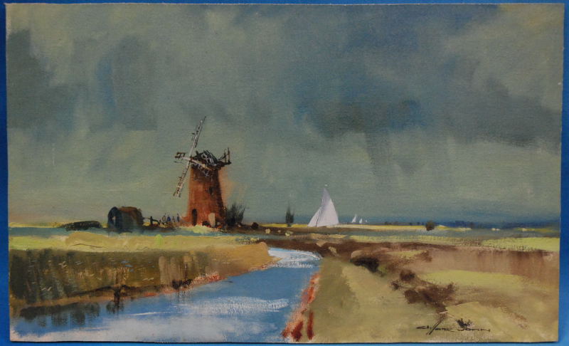 OIL ON BOARD, BROADLAND SCENE, TOFT MONKS MILL BEARING SIGNATURE CLIFFORD JOHN 50 X 30.5 CM UNFRAMED