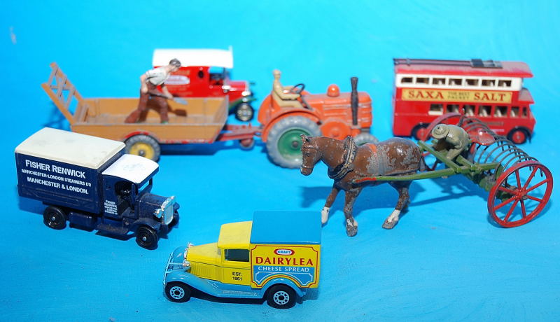 A COLLECTION OF DINKY, LESNEY AND OTHER DIE CAST MODEL VEHICLES MOSTLY COMMERCIAL (PLAYED WITH