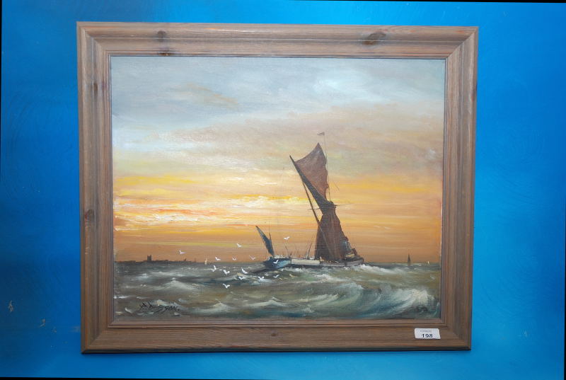 OIL ON CANVAS "SAILING VESSEL" BELIEVED TO BE A THAMES BARGE BEARING SIGNATURE R. ROBSON, 50 X 40 CM