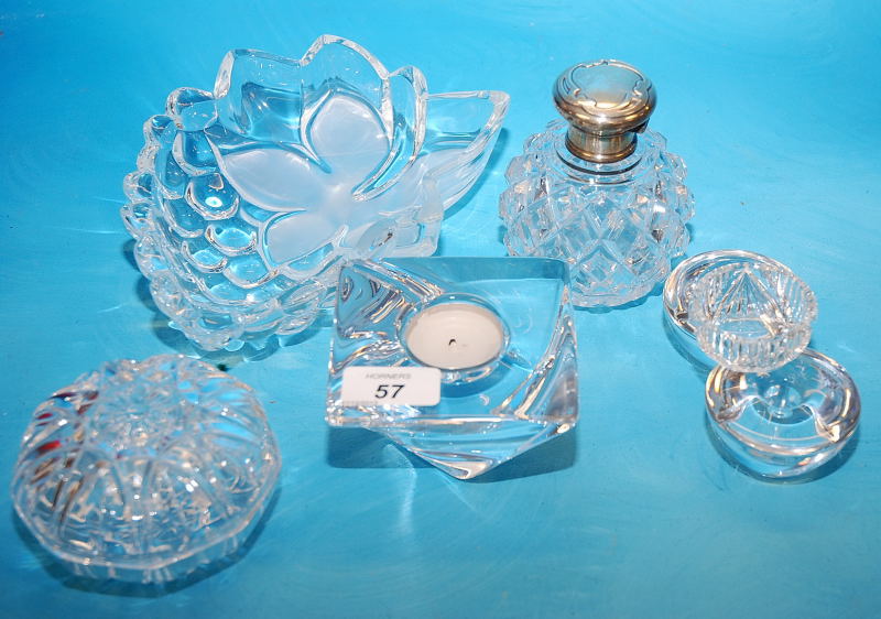 SEVEN ITEMS OF GLASSWARE TO INCL. SILVER TOPPED SCENT BOTTLE, PAIR OF CANDLE HOLDERS, MARKED FO,