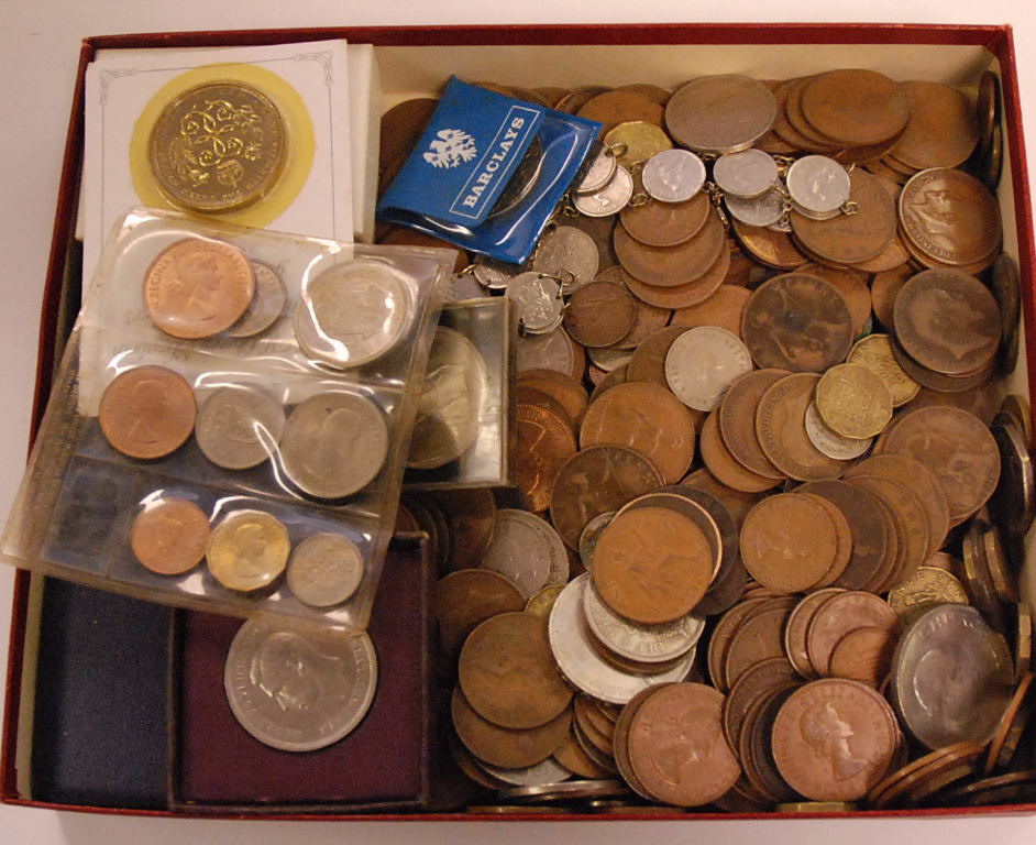 BOX OF MIXED MAINLY GB COINAGE, FEW SILVER INCLUDING 1888 DOUBLE FLORIN, APPROX. £1.50 FACE PRE `