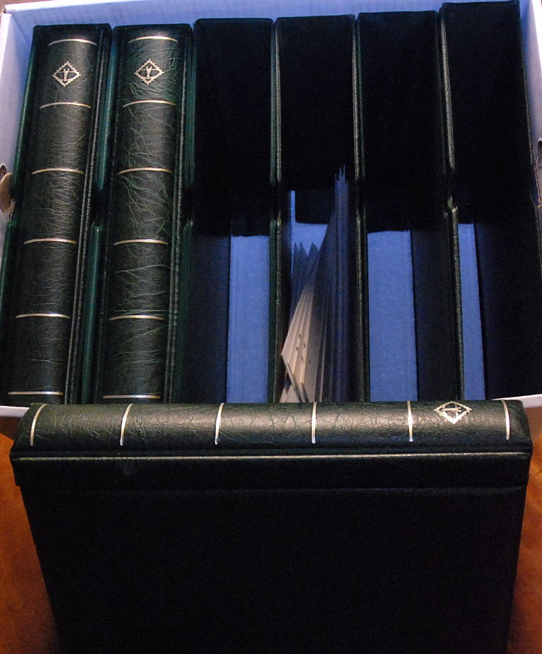 BOX WITH THREE LIGHTHOUSE BINDERS, SOME LEAVES AND INTERLEAVING, PLUS THREE FURTHER SLIP CASES