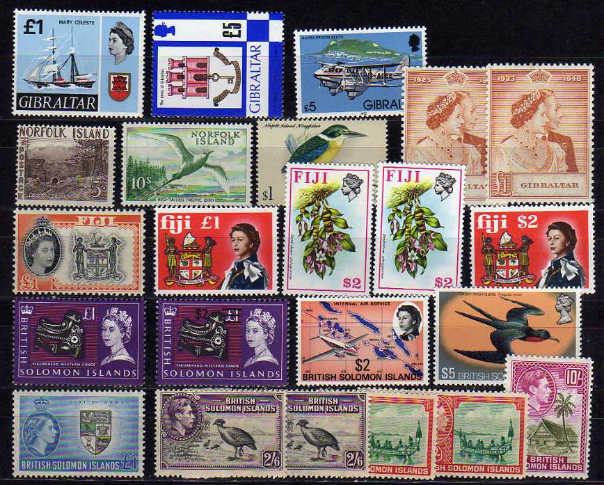 STOCKBOOK WITH MINT AND USED SOLOMON IS., FIJI, NORFOLK IS., CEYLON, GIBRALTAR, ETC. MANY SETS, HIGH