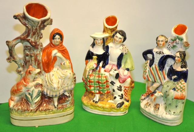 THREE STAFFORDSHIRE FLAT-BACKS, RED RIDING HOOD AND TWO OTHER, 28CM, 22CM AND 23CM