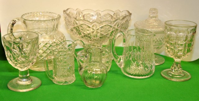 NINE PIECES OF HEAVY QUALITY PRESSED GLASS, WATER JUG, CREAM JUGS, RUMMER GLASSES ETC.