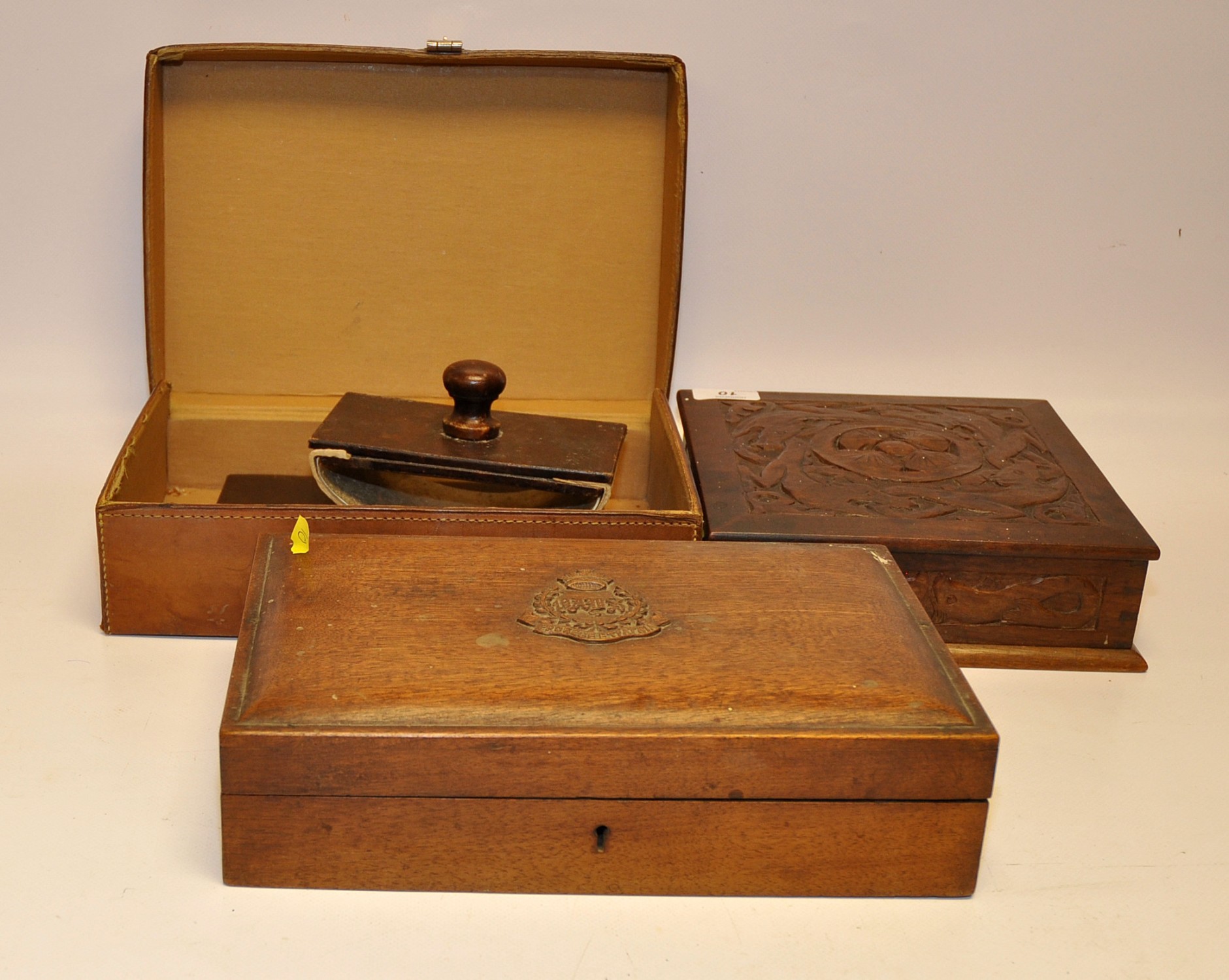 TWO CARVED WOODEN BOXES, ONE WITH BAYS EMBLEM AND SMALL LEATHER CASE WITH LEATHER BLOTTER AND