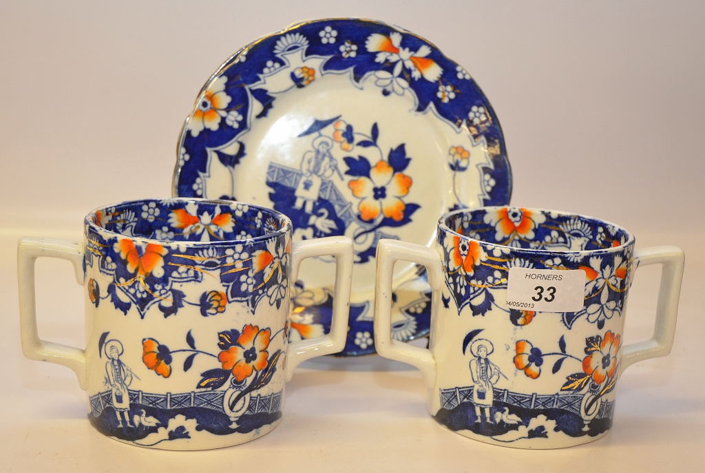 TWO TWIN HANDLED STAFFORDSHIRE 19TH CENTURY TANKARDS AND 2 SIMILAR PLATES