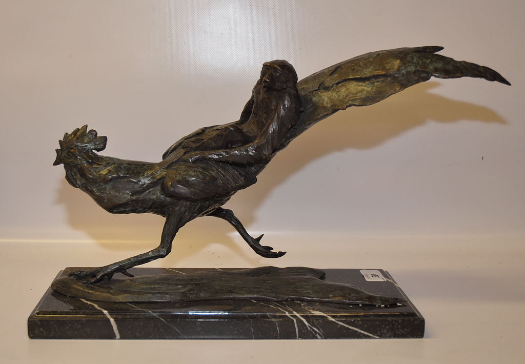 BRONZE STUDY OF A ROOSTER WITH A MONKEY ON HIS BACK  1/100