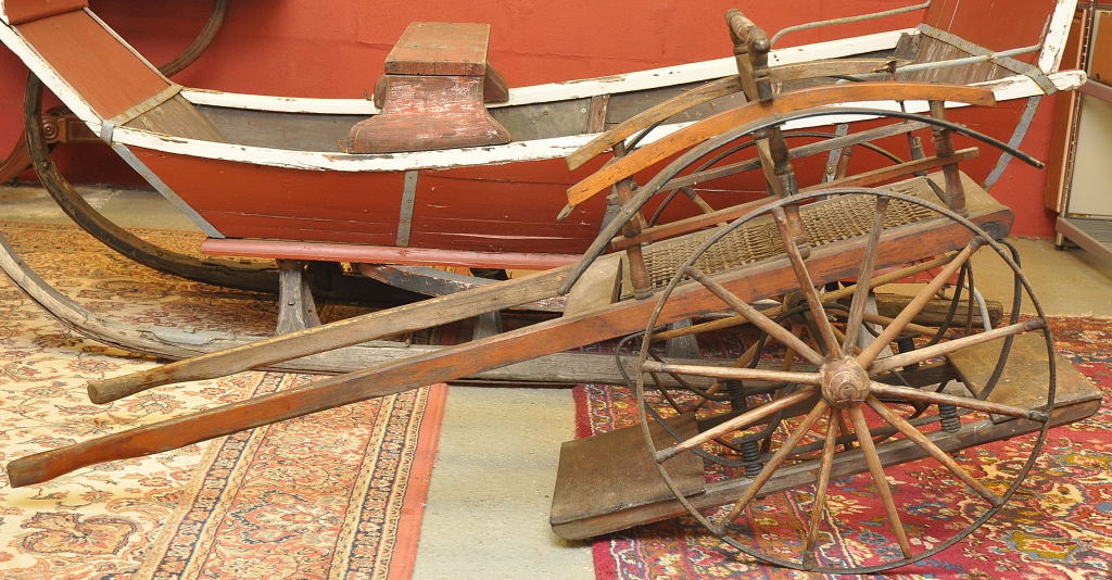 SMALL CHILD`S BACK TO BACK, SEATED WOODEN CART, POSSIBLE DOG OR GOAT, APPROX. 5 FT LONG WITH METAL
