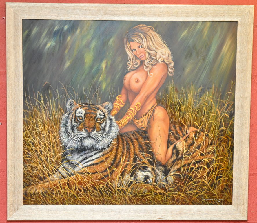 A LARGE CONTEMPORARY OIL ON BOARD OF TOPLESS MODEL JORDAN SEATED ON A TIGER BEARING SIGNATURE DENNIS