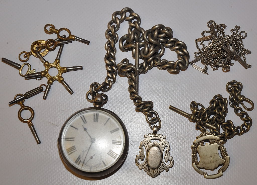 SILVER POCKET WATCH WITH HEAVY SILVER ALBERT CHAIN AND FOB, MOVEMENT MARKED WALTHAM AND BOX OF WATCH